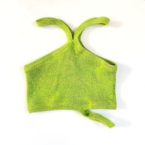 SOLID & STRIPED CONDY GREEN YELLOW HALTER NECK SIDE STRAP CROP TOP